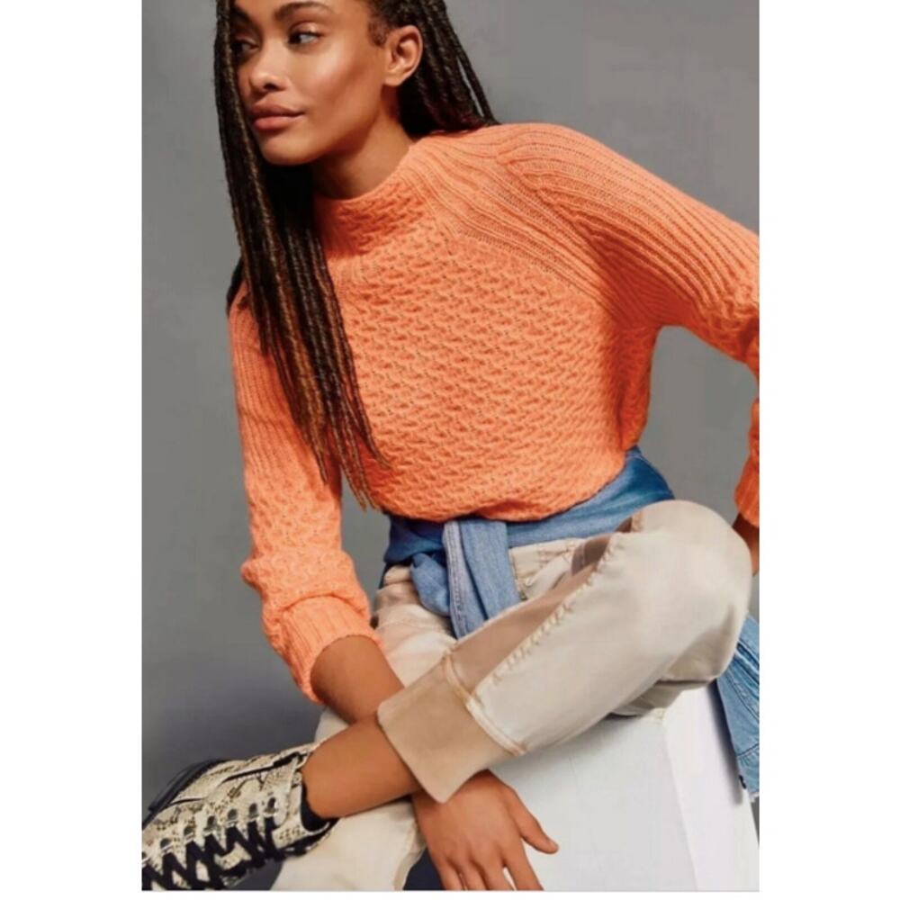 Anthropologie Orange Pullover Bia Mock Neck Tunic Cable Knit Sweater // S - Picture 12 of 12